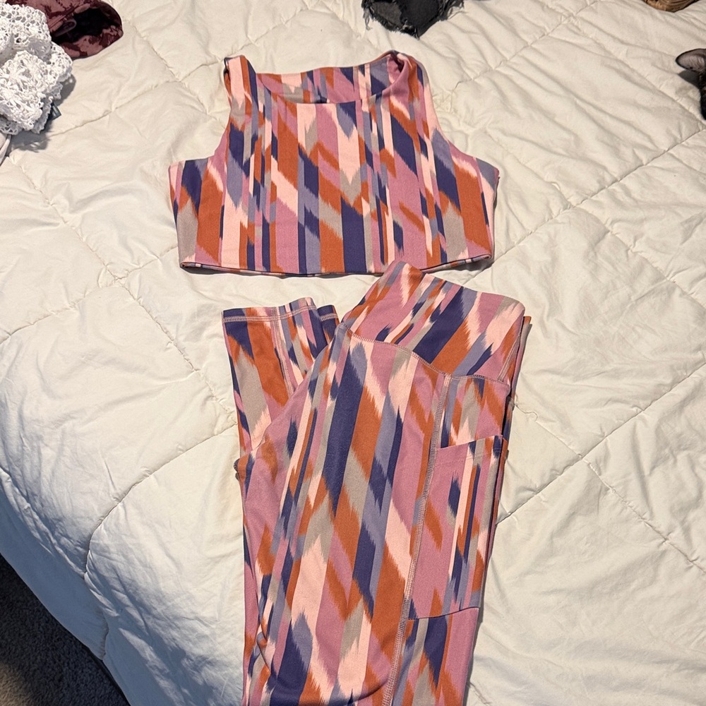 Stylish Pink and Purple Patterned Leggings and Sports Bra